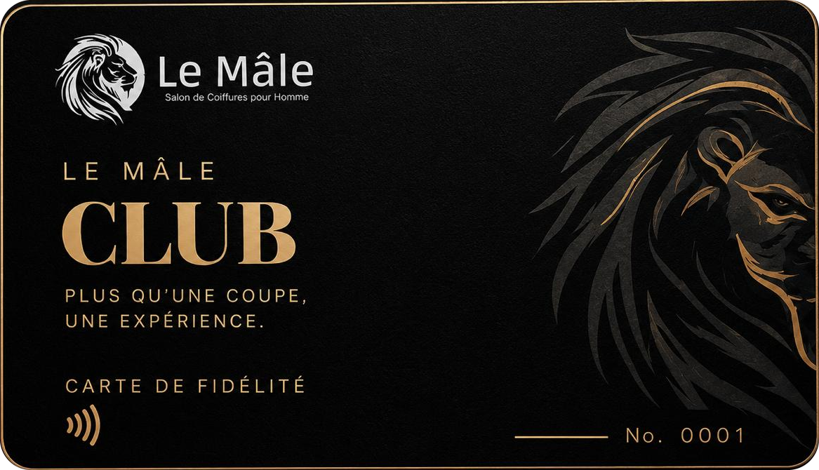 La carte de fidélité Le Mâle Club : fond noir, lion doré et numéro de membre