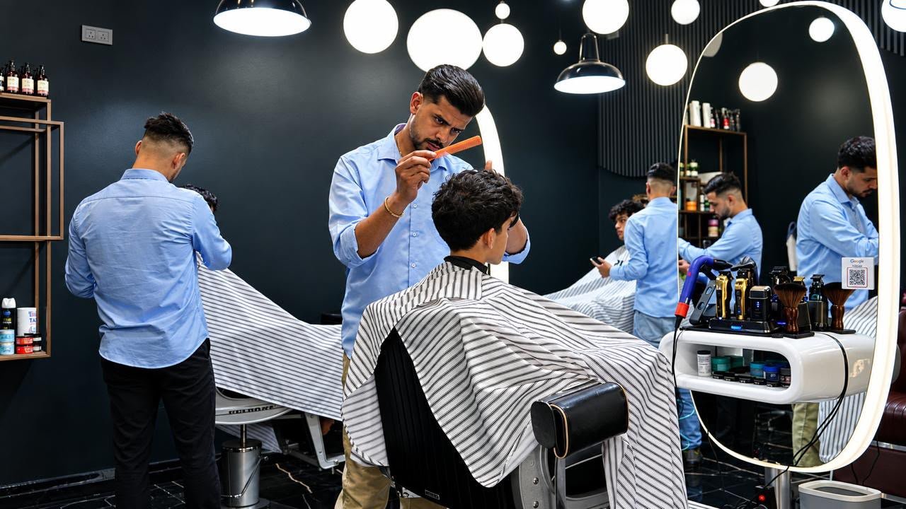 Un barbier coupe les cheveux d’un client devant un grand miroir ovale rétroéclairé, deux collègues travaillent derrière lui