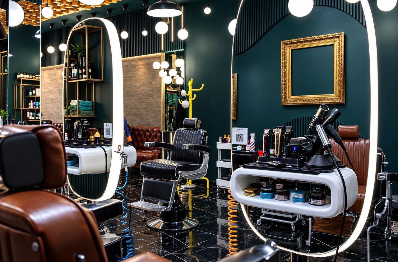 Deux miroirs ovales rétroéclairés, cadre doré, fauteuil de barbier noir et poste de coiffage blanc