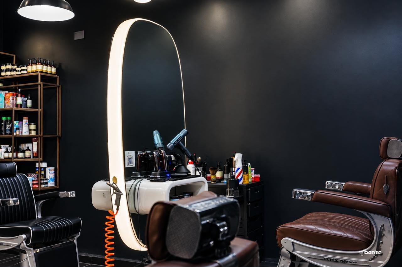 Miroir ovale rétroéclairé, poste de coiffage blanc avec tondeuses et fauteuils de barbier noir et cuir marron